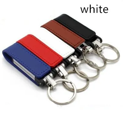 Leather USB 2.0 flash drive keychain in black with 16GB capacity and key ring