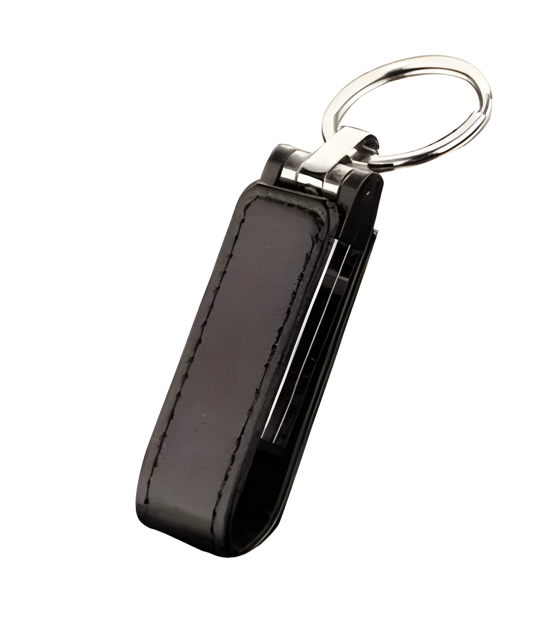Leather USB 2.0 flash drive keychain in black with 16GB capacity and key ring