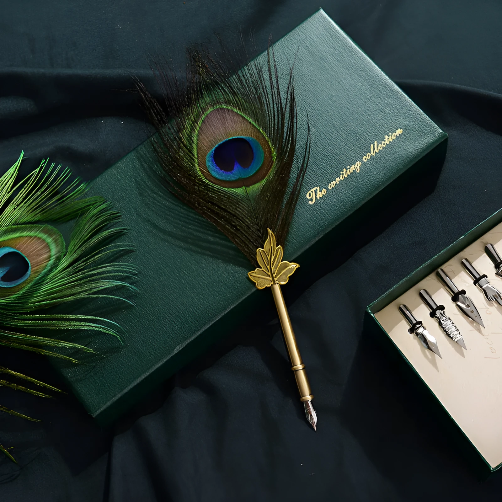 Retro green peacock feather pen set with ink bottle and base on a wooden desk