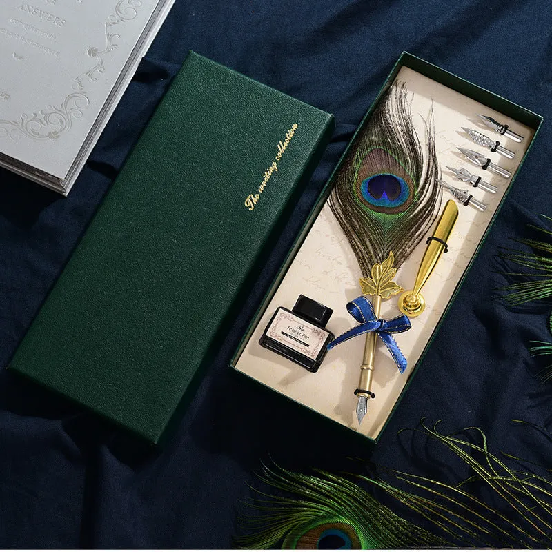 Retro green peacock feather pen set with ink bottle and base on a wooden desk