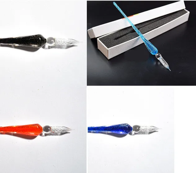Crystal glass dip pen with transparent body and coloured ink, on a white background