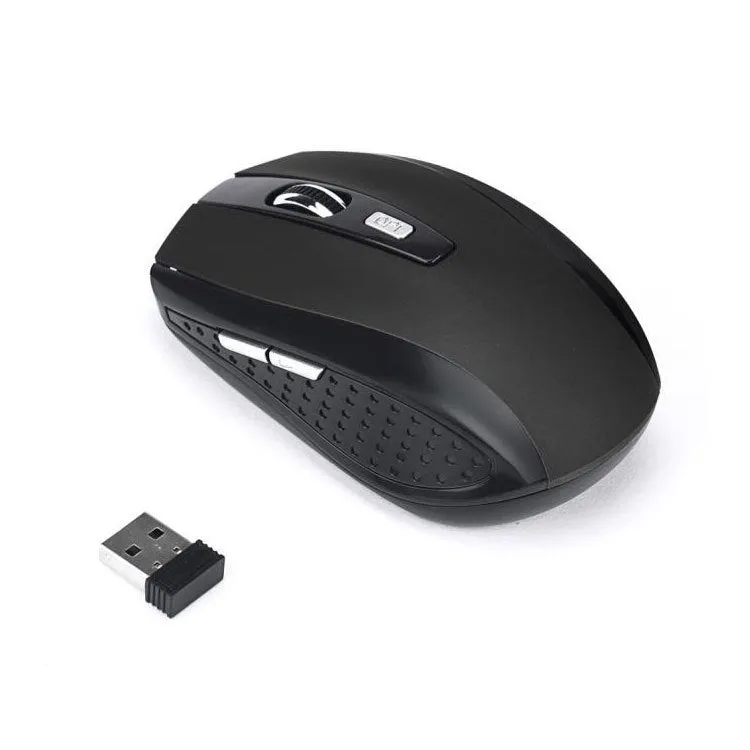 2.4G optical wireless mouse in black with USB receiver, 1000DPI, six buttons