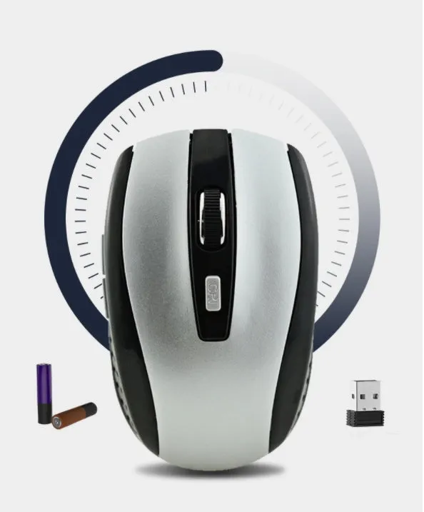 2.4G optical wireless mouse in black with USB receiver, 1000DPI, six buttons