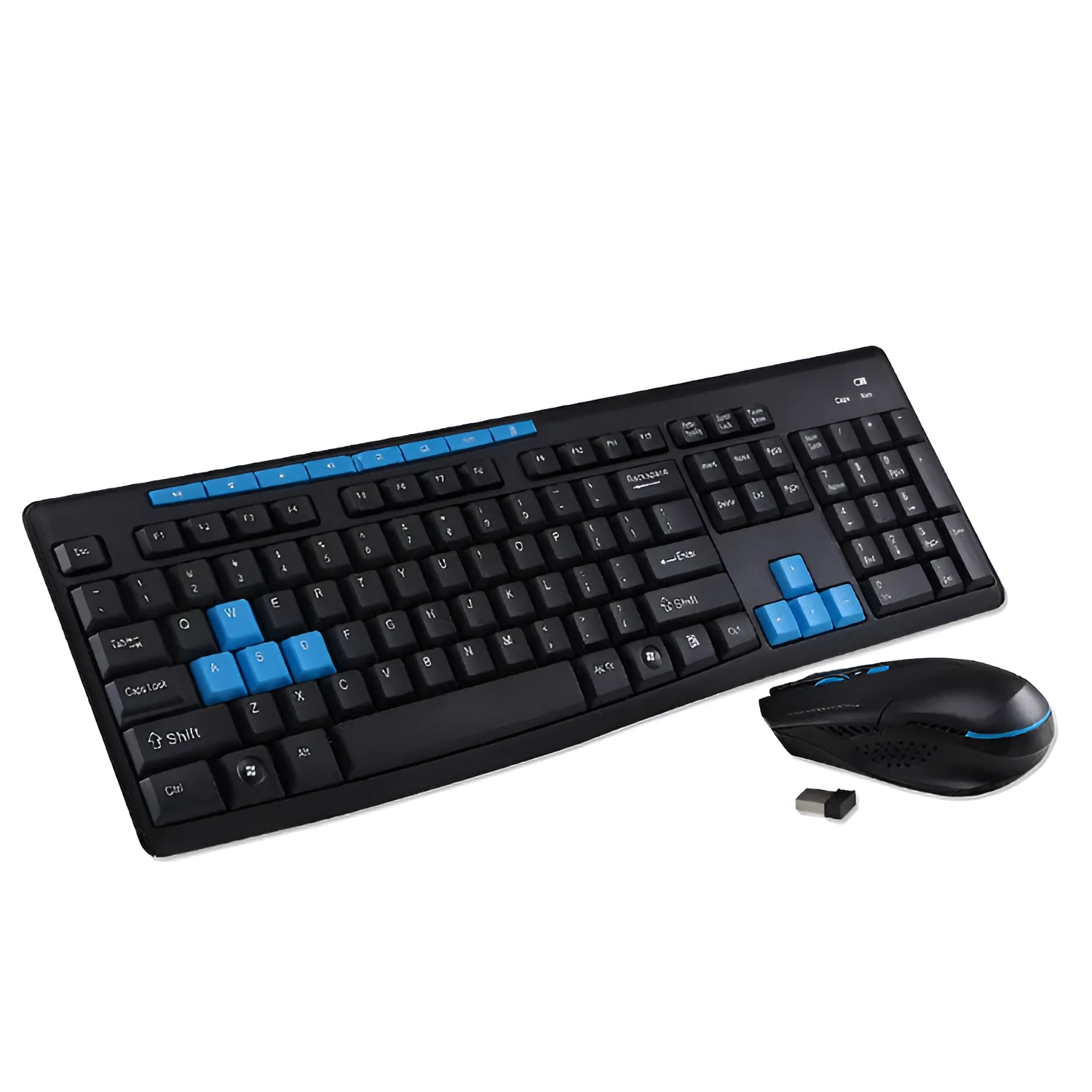 Black wireless keyboard and mouse set with dual USB receiver