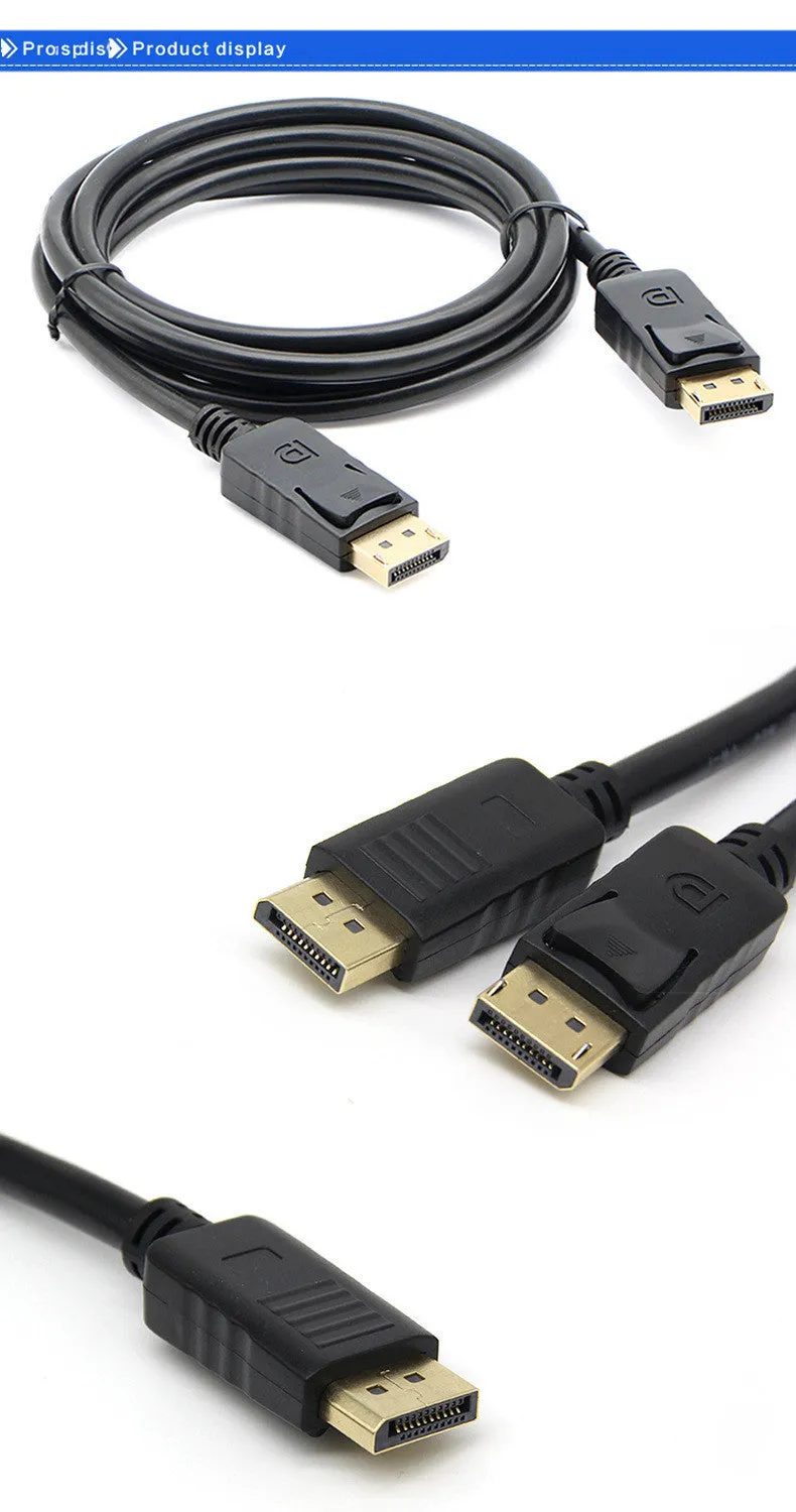 1.8m black DisplayPort DP male to DP male extension cable on white background