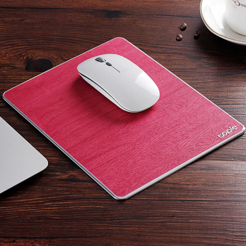 Oversized metal aluminium alloy mouse pad in black with PU leather surface and silicone base, 249x200x3.2mm, CNC chamfered edge