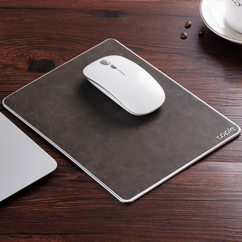 Oversized metal aluminium alloy mouse pad in black with PU leather surface and silicone base, 249x200x3.2mm, CNC chamfered edge
