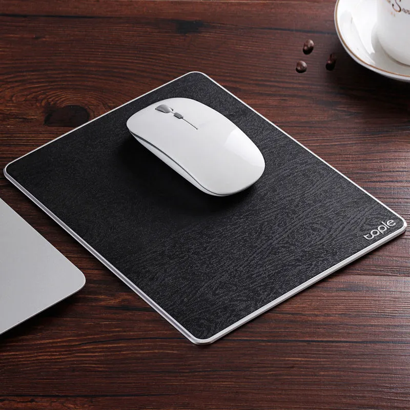 Oversized metal aluminium alloy mouse pad in black with PU leather surface and silicone base, 249x200x3.2mm, CNC chamfered edge