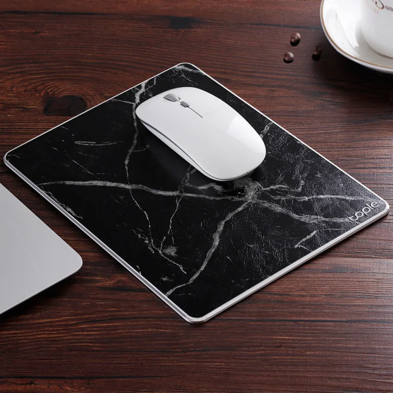 Oversized metal aluminium alloy mouse pad in black with PU leather surface and silicone base, 249x200x3.2mm, CNC chamfered edge