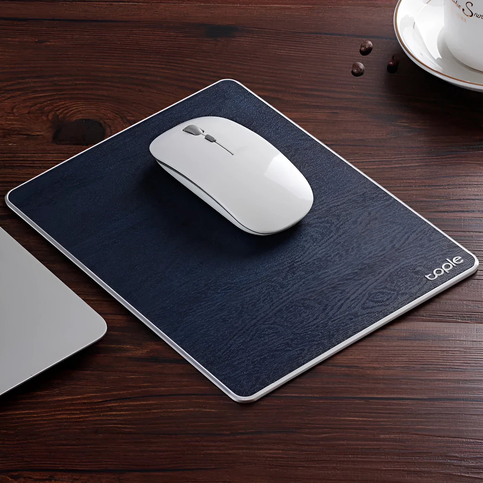 Oversized metal aluminium alloy mouse pad in black with PU leather surface and silicone base, 249x200x3.2mm, CNC chamfered edge