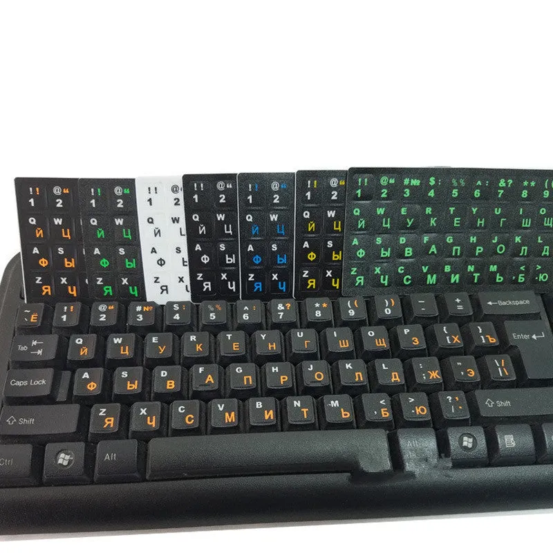 Russian layout keyboard film, black PVC with orange Cyrillic letters, 14-inch universal size