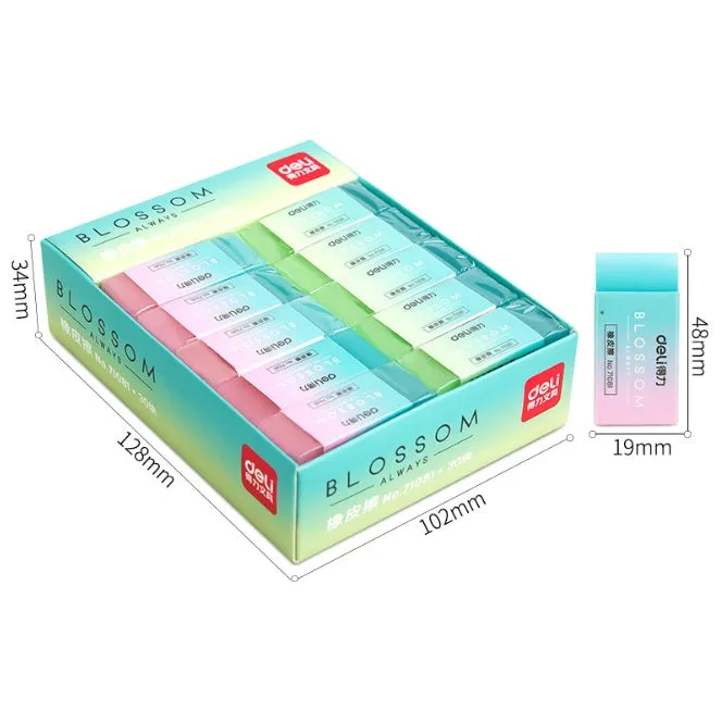 Close-up of a translucent coloured pencil rubber eraser, 4.8cm length, soft edges, for school and art use