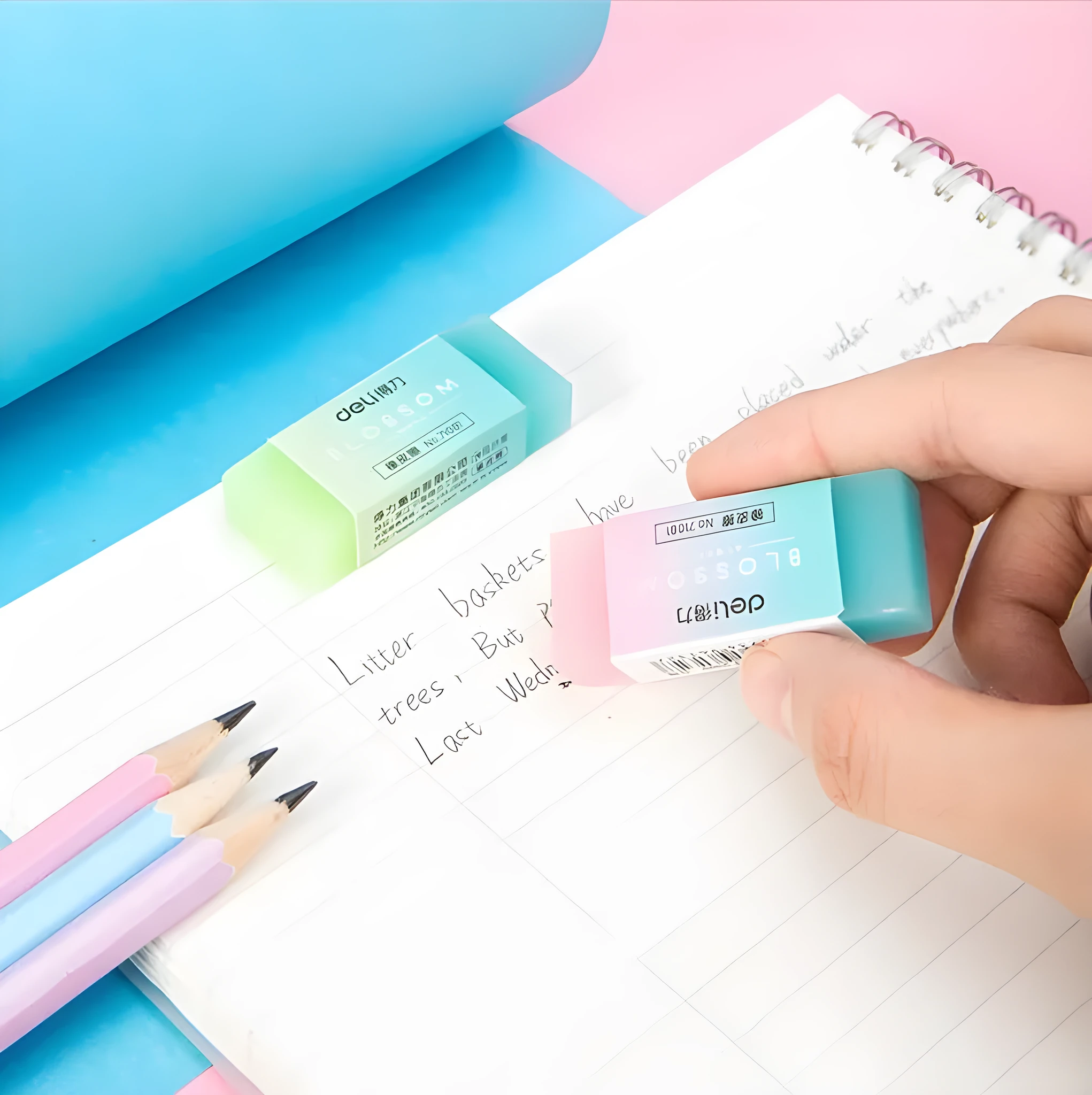 Close-up of a translucent coloured pencil rubber eraser, 4.8cm length, soft edges, for school and art use