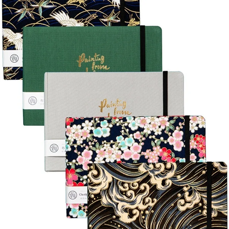 Feiluniao handmade watercolour notebook with fabric cover showing thematic design options