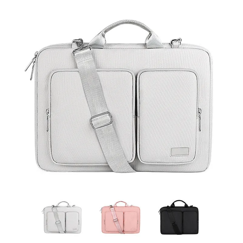 Shock proof shoulder laptop bag in gray polyester with zipper closure and retractable handle for 15.6 inch laptop