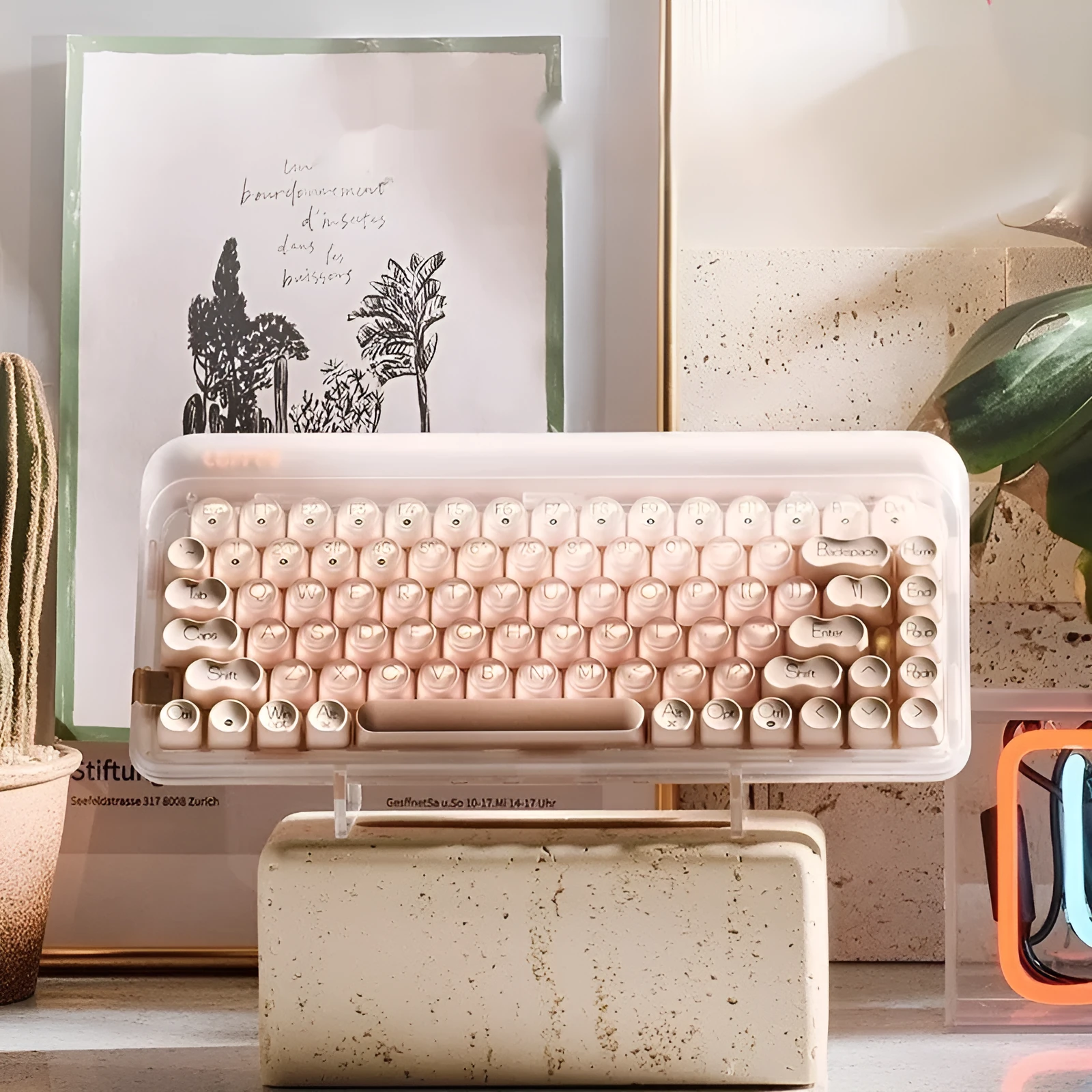 Wireless mechanical keyboard set with calculator, mouse, and desk light on office desk