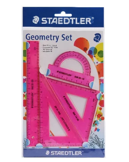 Student four-piece plastic ruler set with 15cm ruler, 30 and 45 degree triangles, and protractor in neon colours