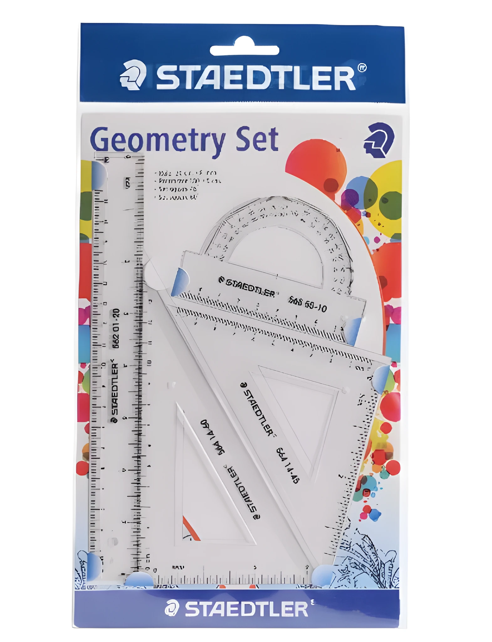 Student four-piece plastic ruler set with 15cm ruler, 30 and 45 degree triangles, and protractor in neon colours