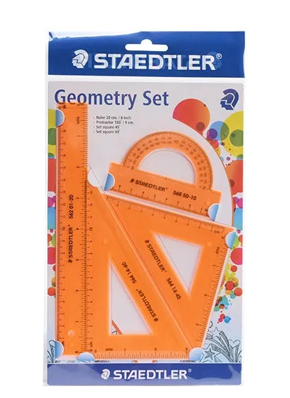 Student four-piece plastic ruler set with 15cm ruler, 30 and 45 degree triangles, and protractor in neon colours