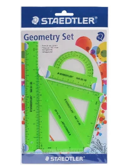 Student four-piece plastic ruler set with 15cm ruler, 30 and 45 degree triangles, and protractor in neon colours