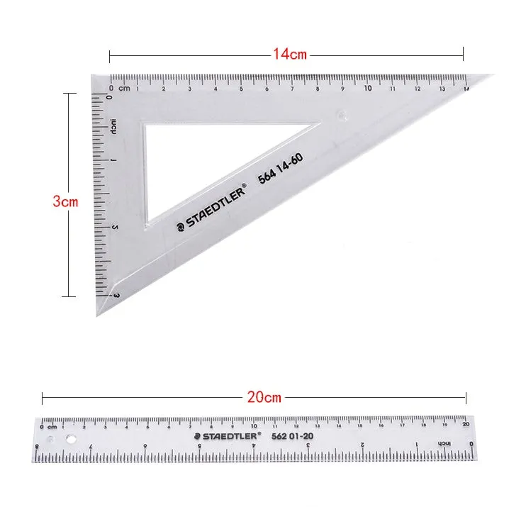 Student four-piece plastic ruler set with 15cm ruler, 30 and 45 degree triangles, and protractor in neon colours