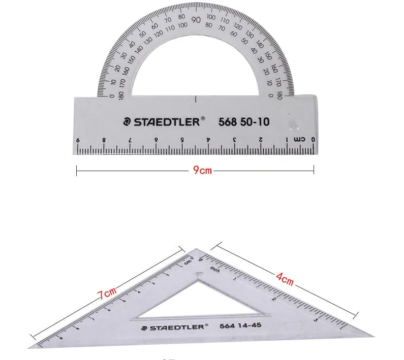 Student four-piece plastic ruler set with 15cm ruler, 30 and 45 degree triangles, and protractor in neon colours