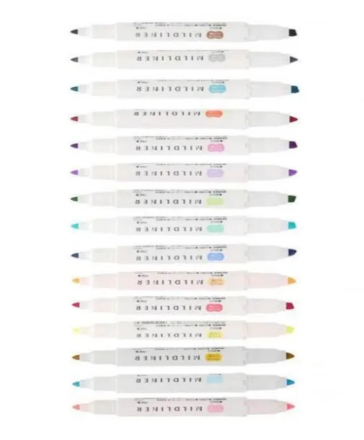 Five Zebra Mildliner double-sided highlighters with water-based ink showing chisel and bullet tips in a colour set