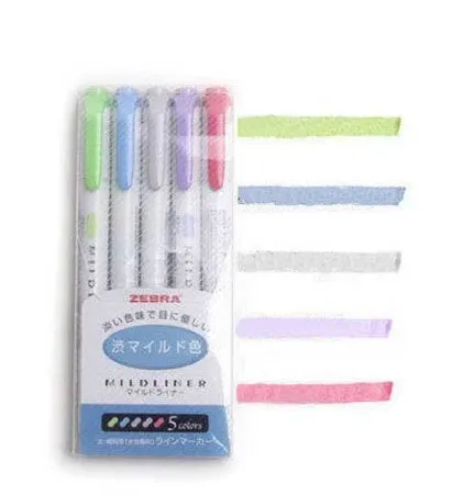 Five Zebra Mildliner double-sided highlighters with water-based ink showing chisel and bullet tips in a colour set