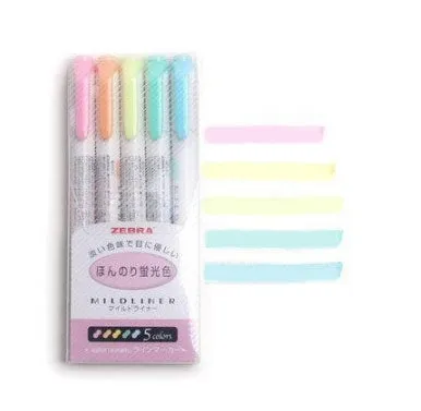 Five Zebra Mildliner double-sided highlighters with water-based ink showing chisel and bullet tips in a colour set