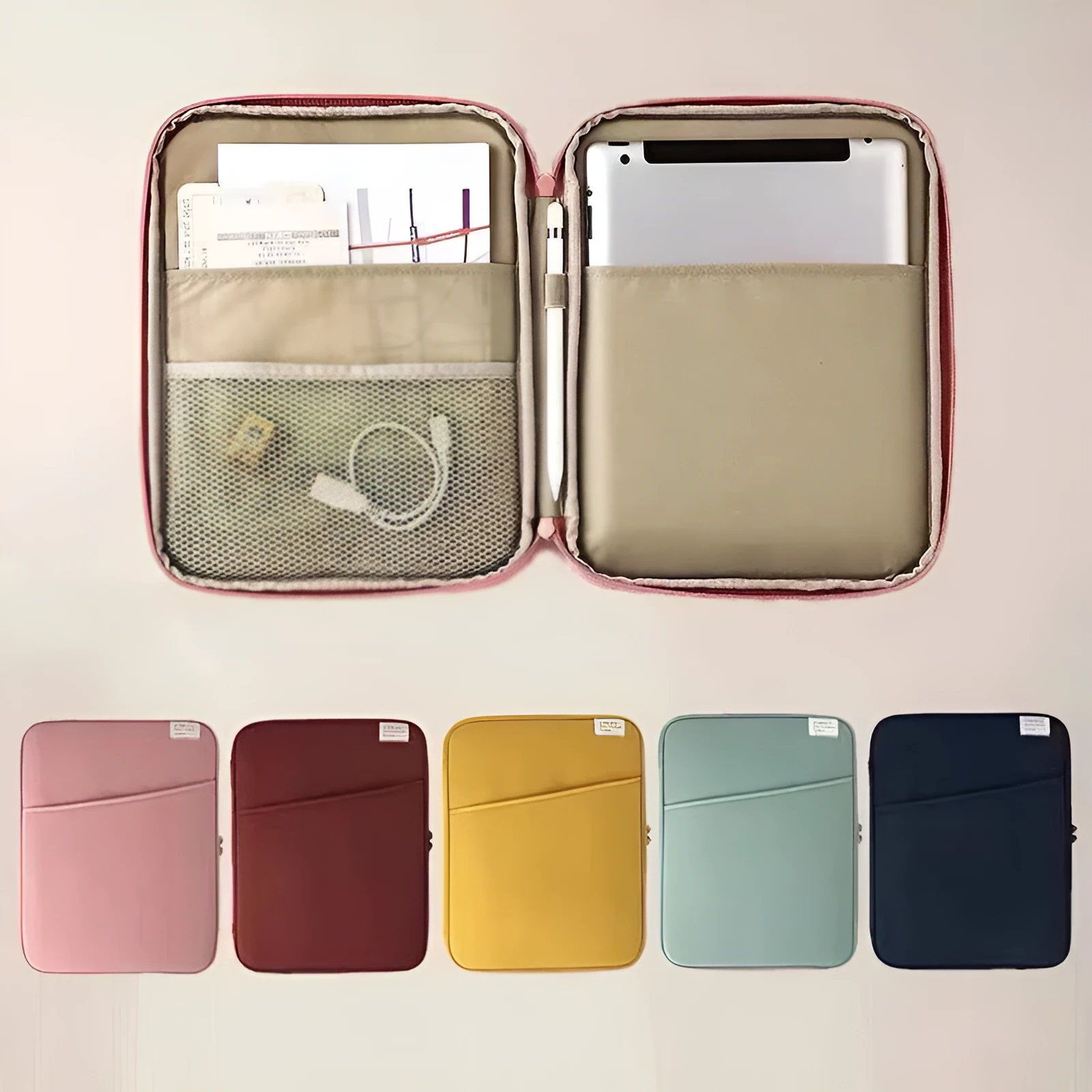 Shockproof nylon tablet PC bag liner in brick red with zip closure and internal compartments