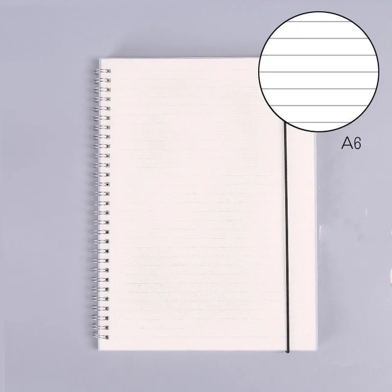 B5 coil grid notebook with Pp cover, open showing lined pages on a desk