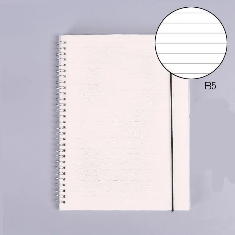 B5 coil grid notebook with Pp cover, open showing lined pages on a desk