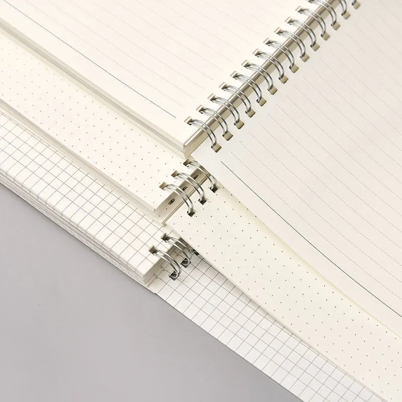 B5 coil grid notebook with Pp cover, open showing lined pages on a desk