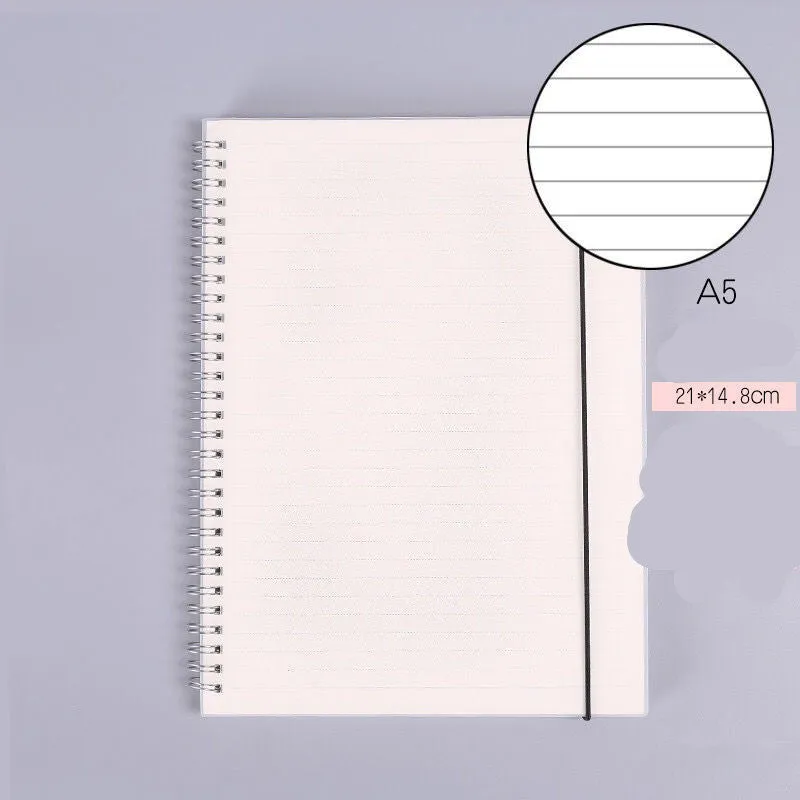 B5 coil grid notebook with Pp cover, open showing lined pages on a desk