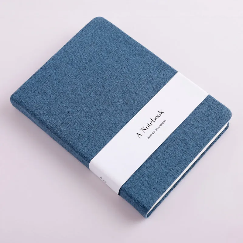 Cloth-covered wire-bound notebook with 132 pages, small size 10.5x14.5cm, showing blank and ruled pages in blue