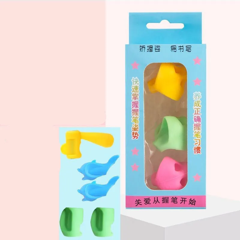 Children's pencil grip orthosis pen holder in assorted colours for learning correct writing posture.