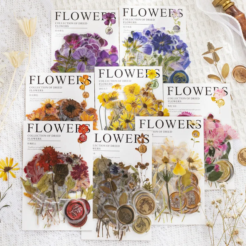 Set of 40 printed PET decorative stickers showing eight artistic styles including dried flowers and leaf specimens.