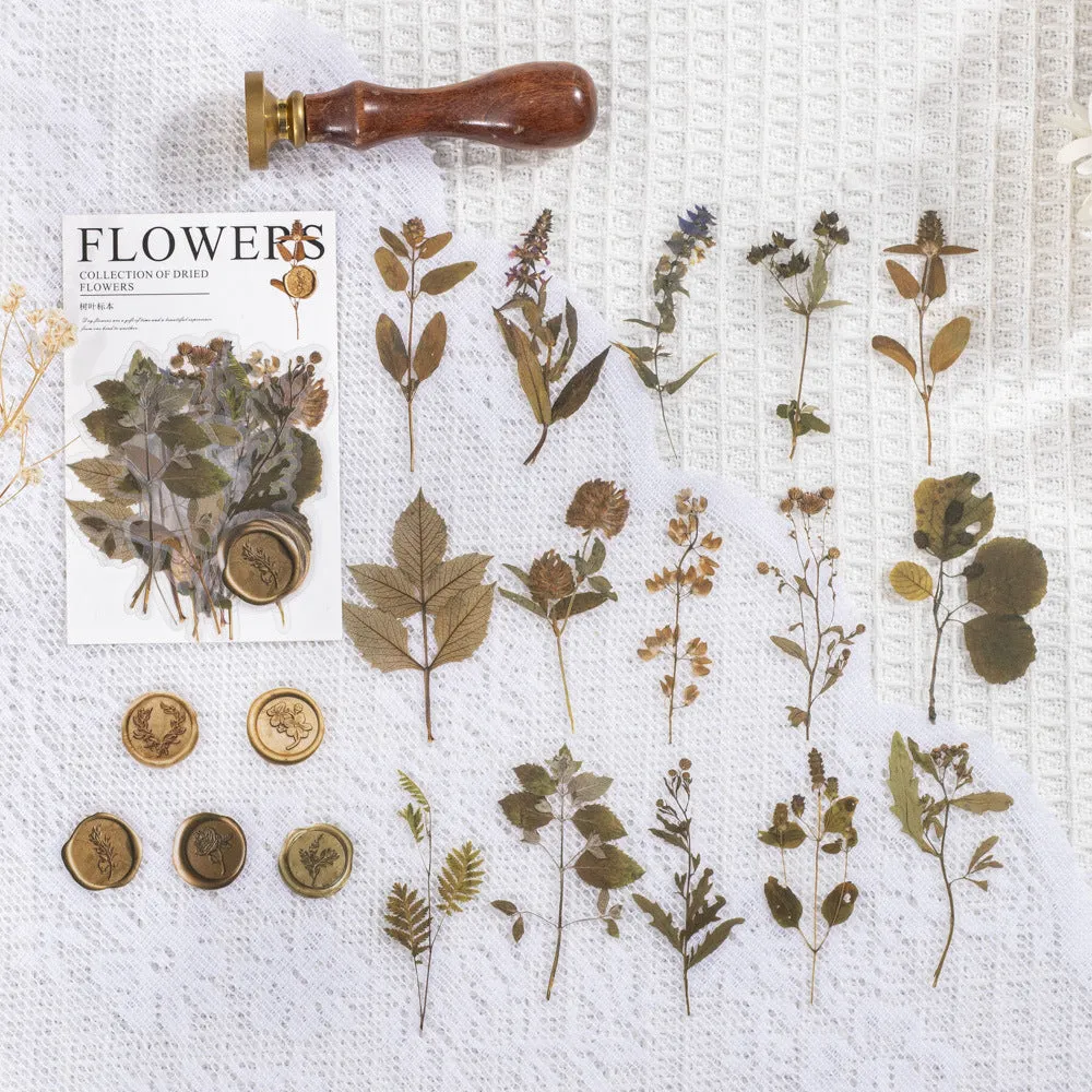 Set of 40 printed PET decorative stickers showing eight artistic styles including dried flowers and leaf specimens.