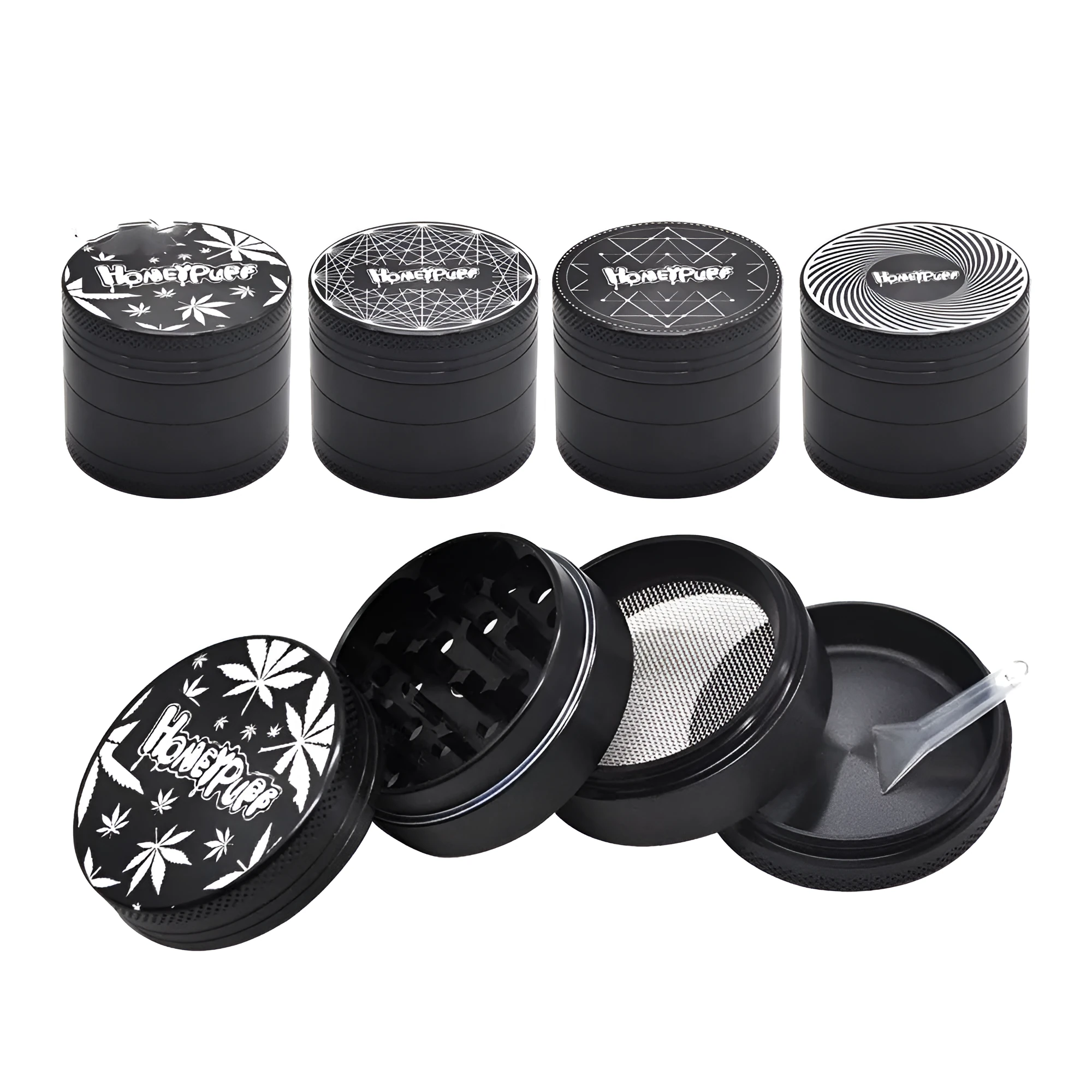 Four-layer T6 CNC aluminum alloy grinder with keychain razor bottle opener USB charging light and cash check lamp in black