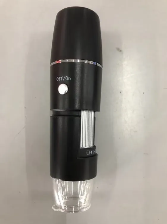 Black microscope magnifier camera phone with 1000x zoom and LED lights showing a sample on a phone screen