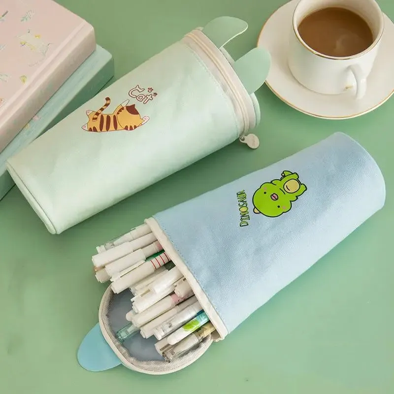 Round canvas pencil case in random colour with cartoon pattern, 193x72mm, for children's school stationery