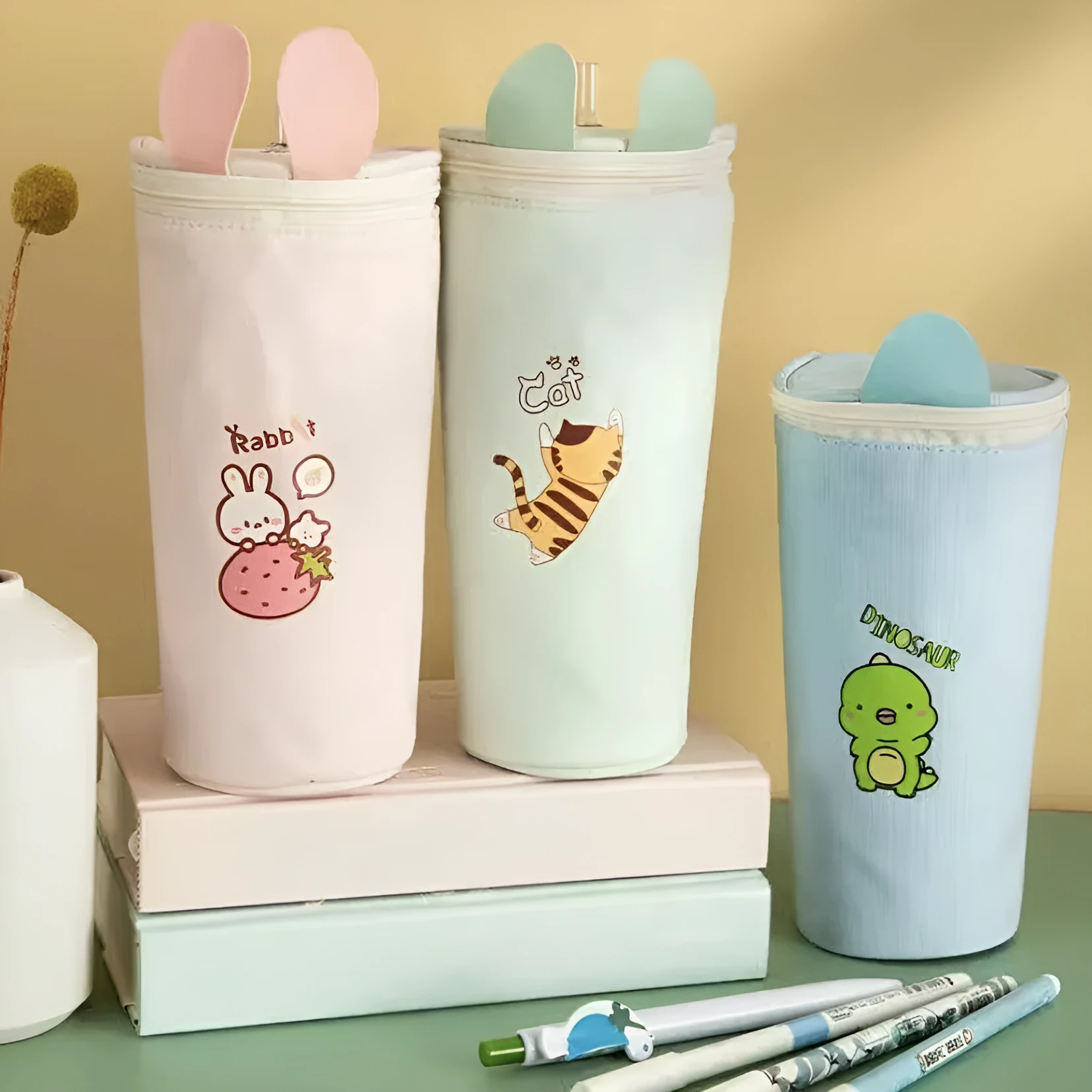 Round canvas pencil case in random colour with cartoon pattern, 193x72mm, for children's school stationery