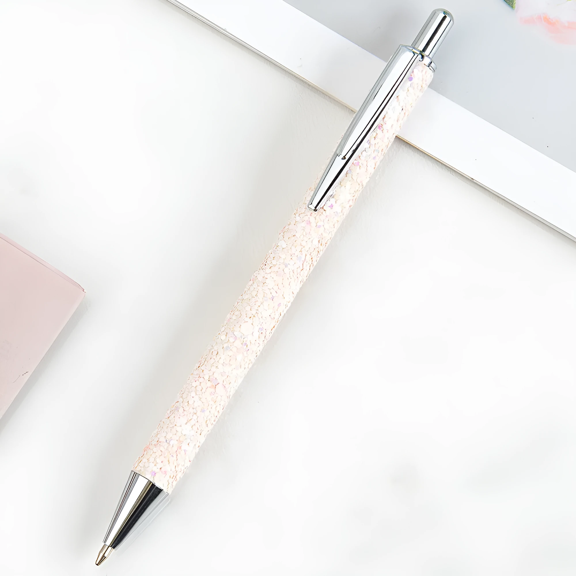 Metal press ballpoint pen with sequin design in multiple colours for office stationery and promotional gifting