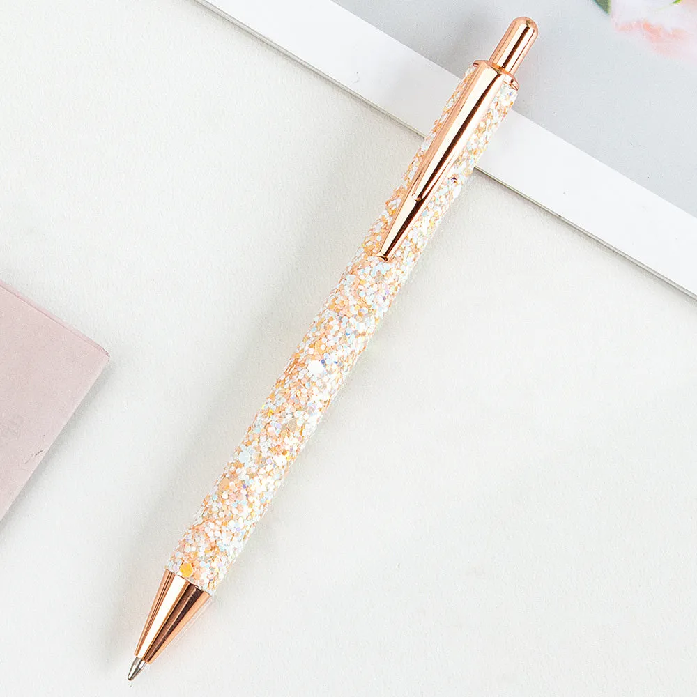 Metal press ballpoint pen with sequin design in multiple colours for office stationery and promotional gifting