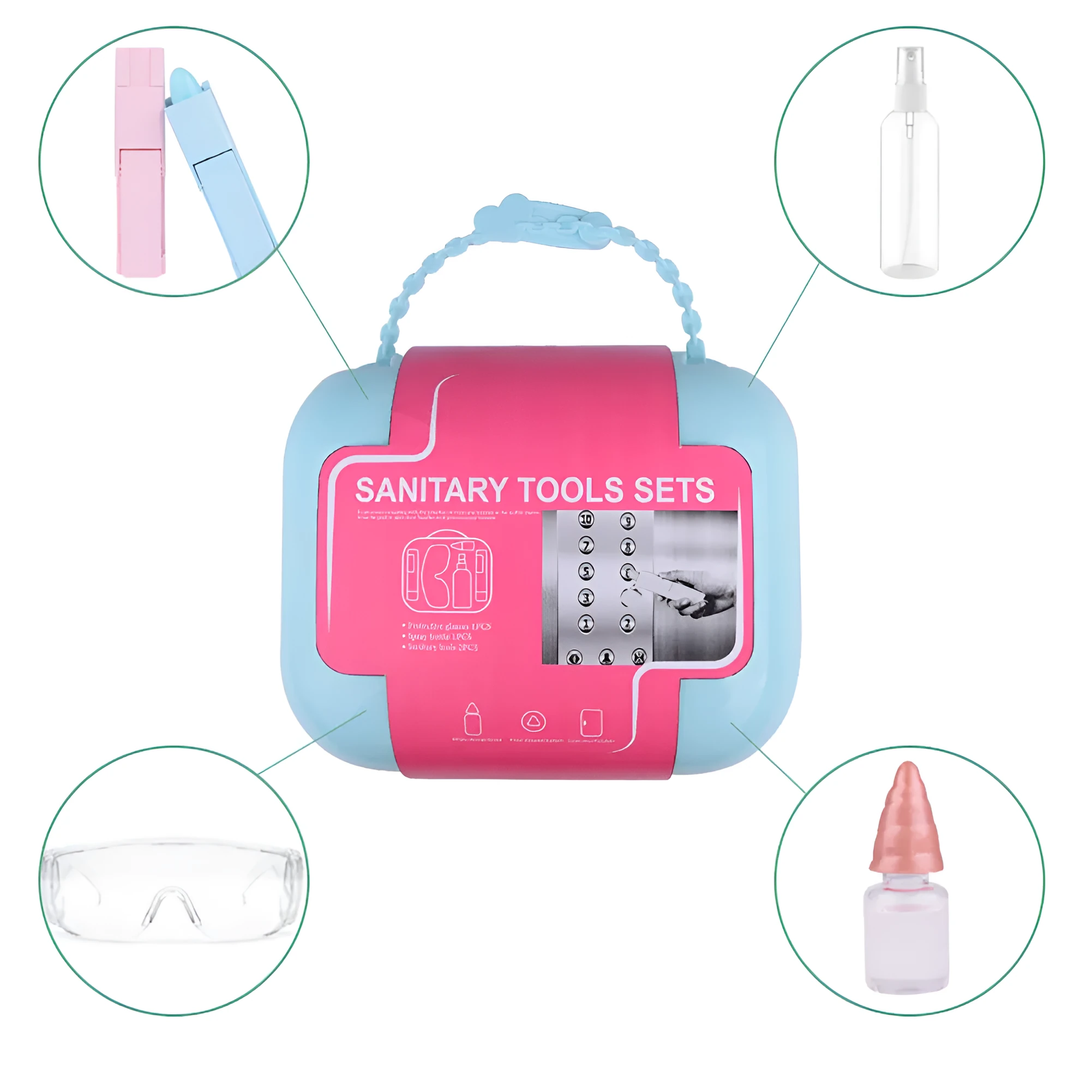 Portable anti-epidemic door disinfection tool set with spray bottle, glasses, and storage box for public places