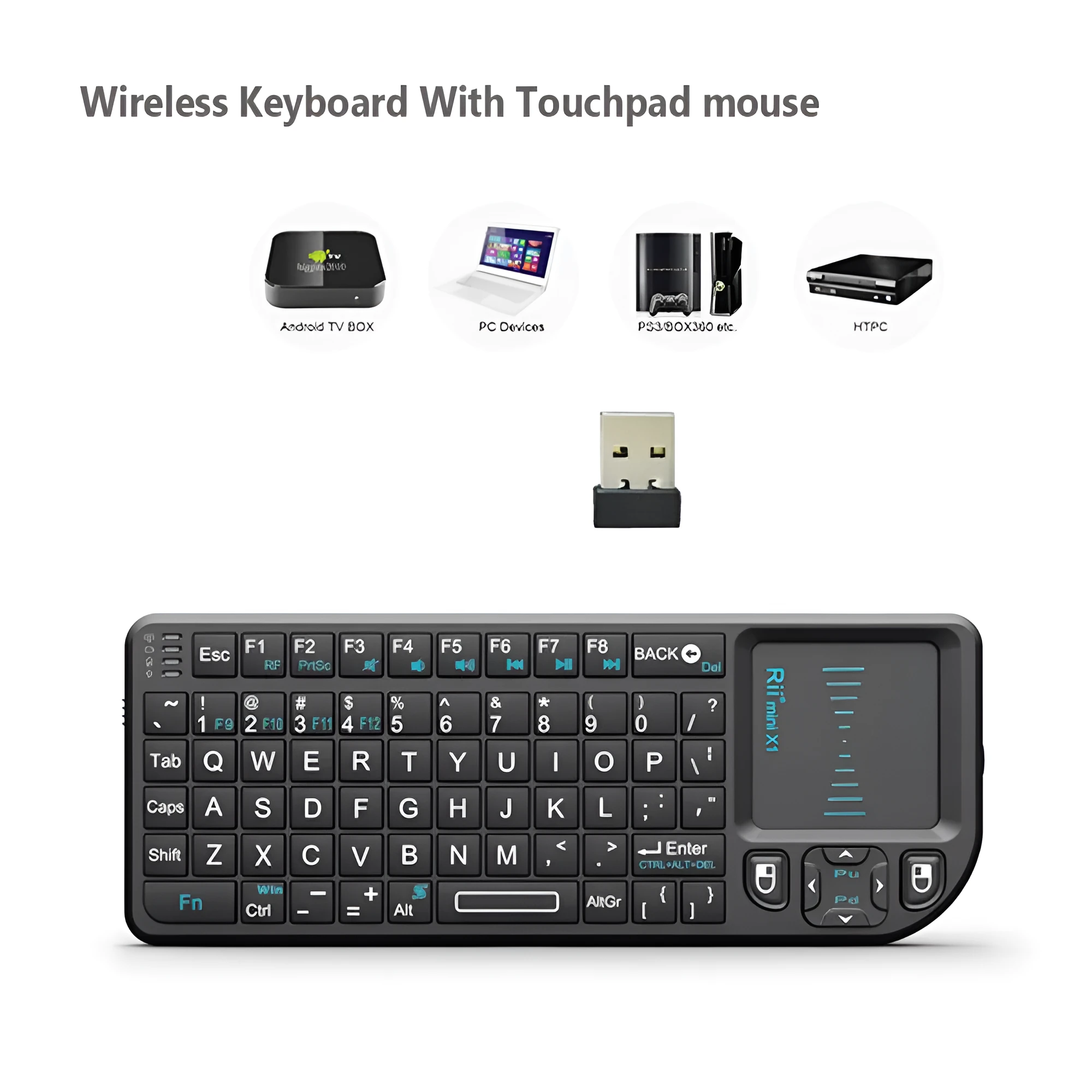 Black wireless mini keyboard with built-in trackpad and 2.4GHz receiver on a desk
