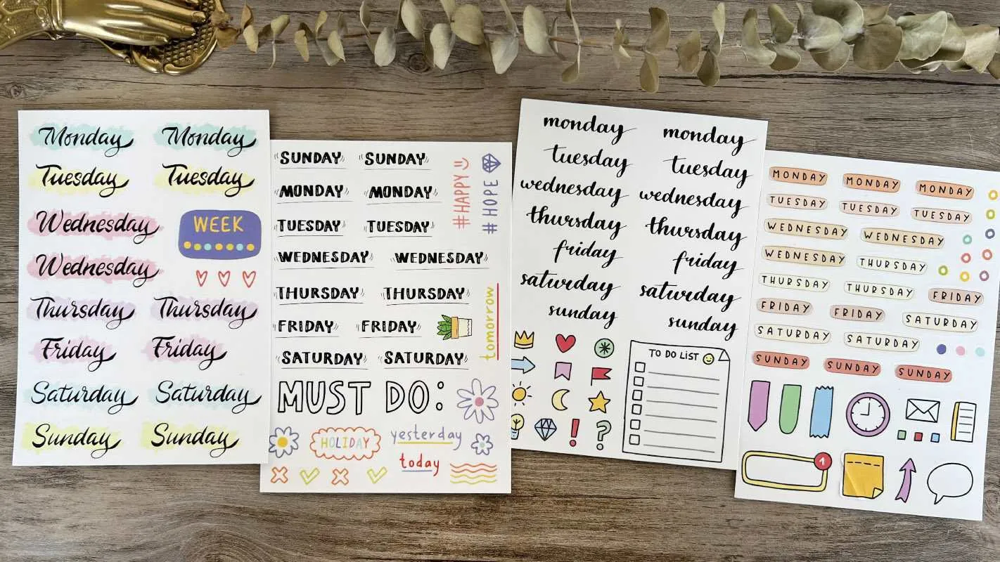 English letters and numbers symbol label sticker sheet with alphabet sets and week words in cute printed design