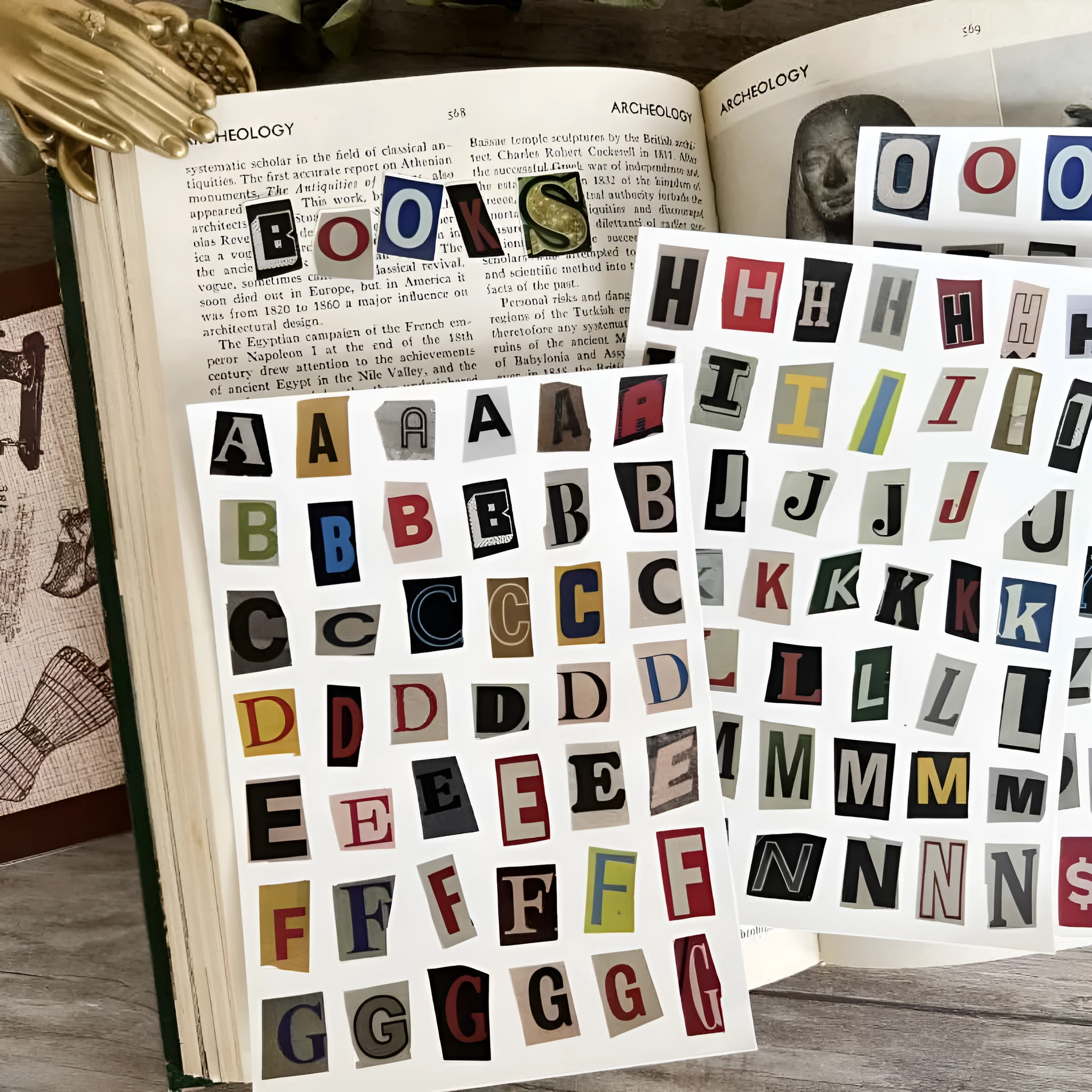 English letters and numbers symbol label sticker sheet with alphabet sets and week words in cute printed design
