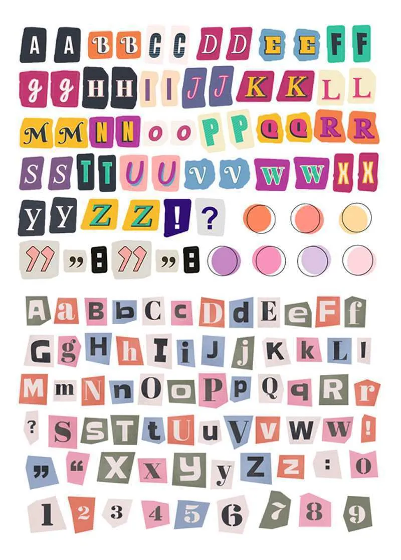 English letters and numbers symbol label sticker sheet with alphabet sets and week words in cute printed design