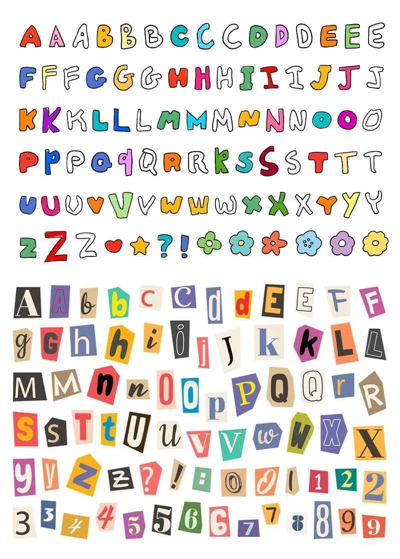 English letters and numbers symbol label sticker sheet with alphabet sets and week words in cute printed design